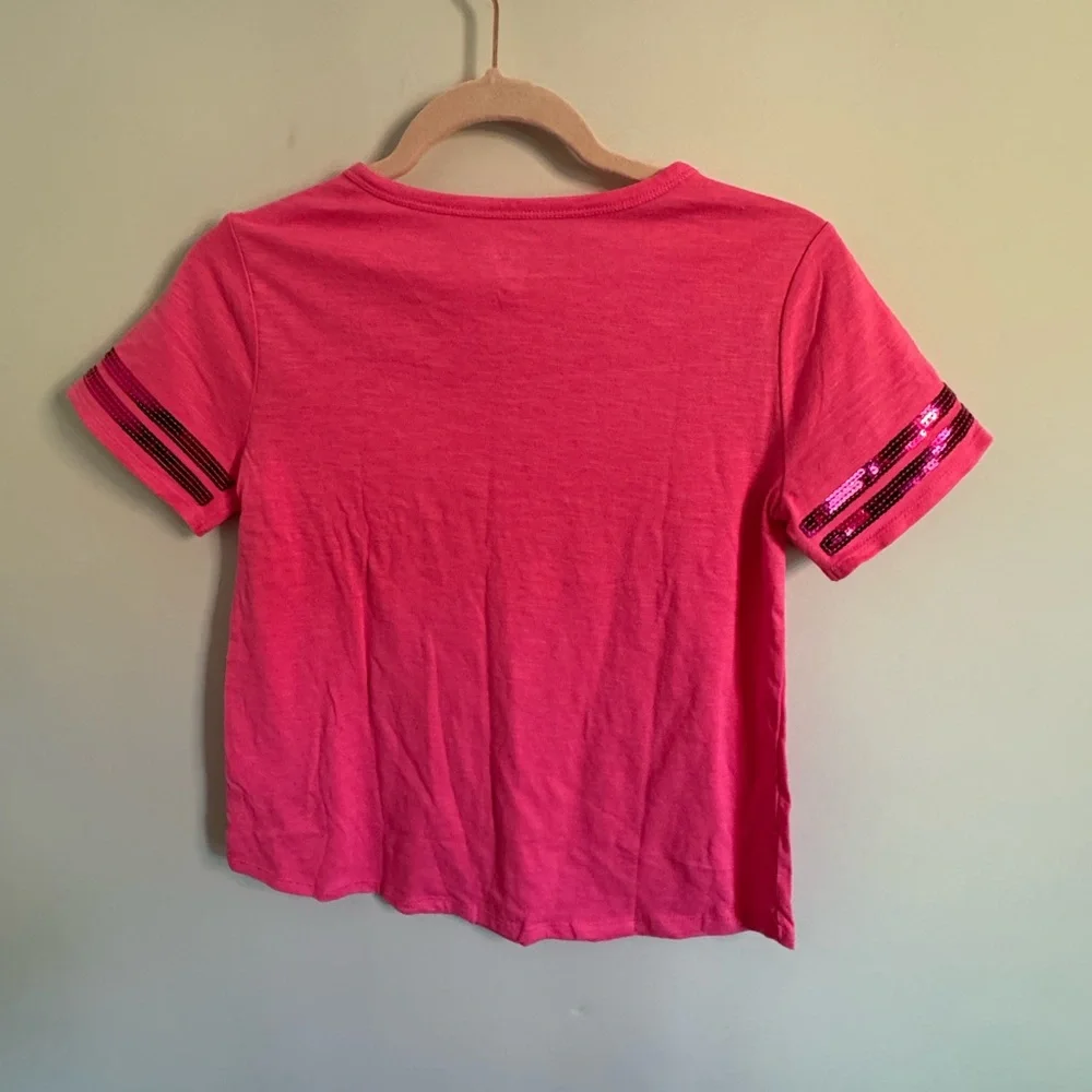 NWT Justice hot Pink Sequin Sleeve jersey style T-Shirt size large 12/14